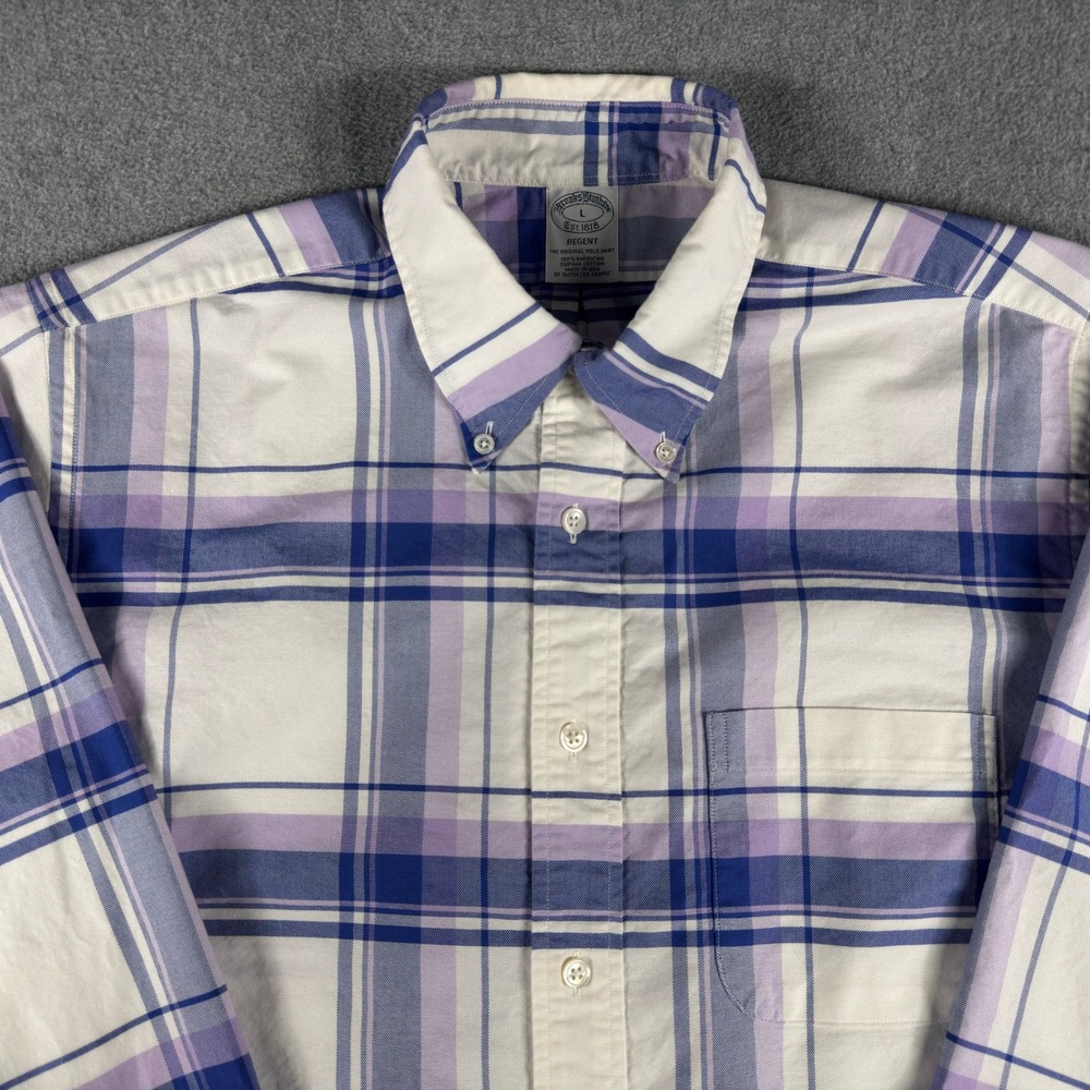 Brooks Brothers Regent Supima Plaid Shirt Blue Purple Plaid 1818 Mens L Made USA